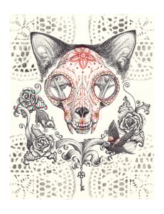 Image of Sugar Skull Cat ~ pigment ink and watercolour on Arches