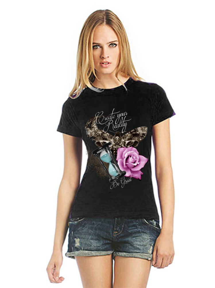 Image of Womens t-shirt: Create your reality (moth, hourglass, rose)