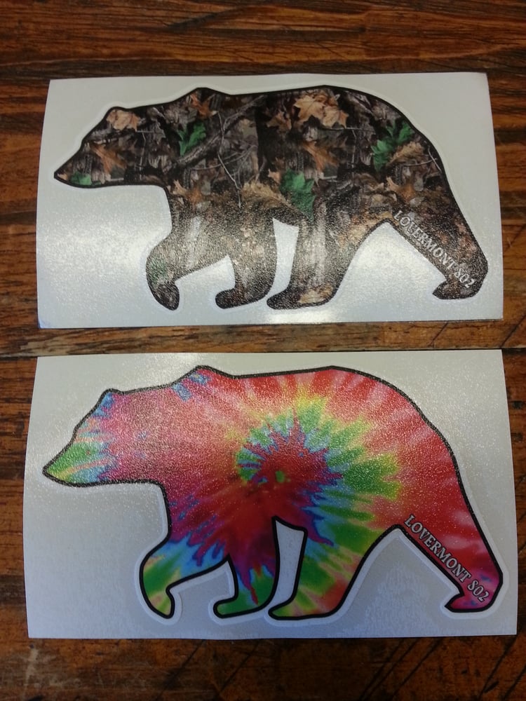 Image of Vermont Bear Stickers - Digital printed bumper decal - Choose From - Tie Dye or Real Tree Camo