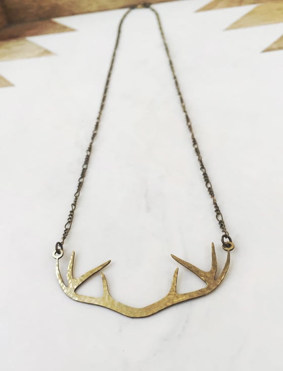 Image of Brass Antler Necklace - Hand Hammered Cut Out Antlers on Antique Brass Chain
