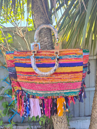 Image 5 of Frill Sari Beach bag Bamboo Handles no two the same