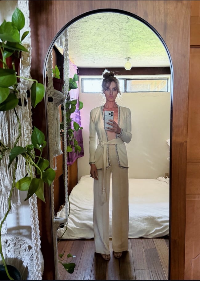 early 70s italian luxury knit trouser set w embellished bra top and sash belt