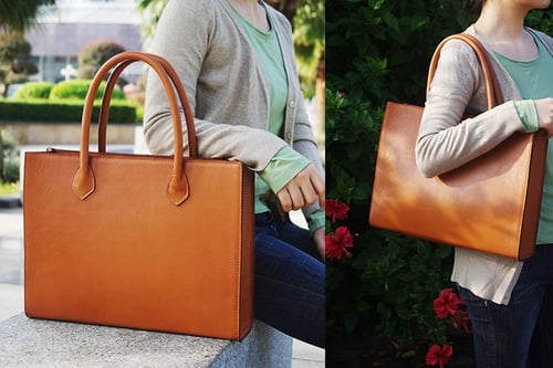 Image of Personalized Handmade Italian Vegetable Tanned Leather Tote Bag, Shoulder Bag, Lady Handbag D010