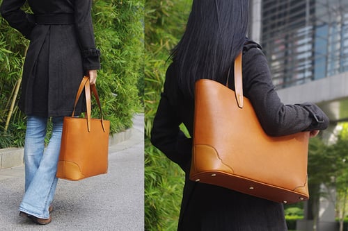 Image of Custom Handmade Italian Vegetable Tanned Leather Tote Bag, Shoulder Bag, Lady Handbag D011