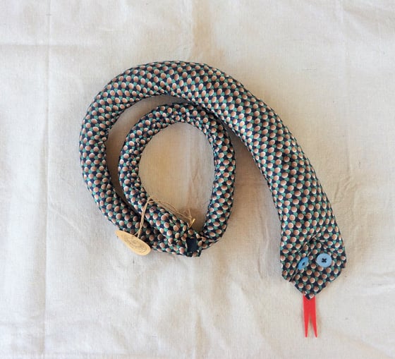 Image of Recycled Tie Snake [BROWN CIRCLES WITH BLUE BUTTONED EYES]