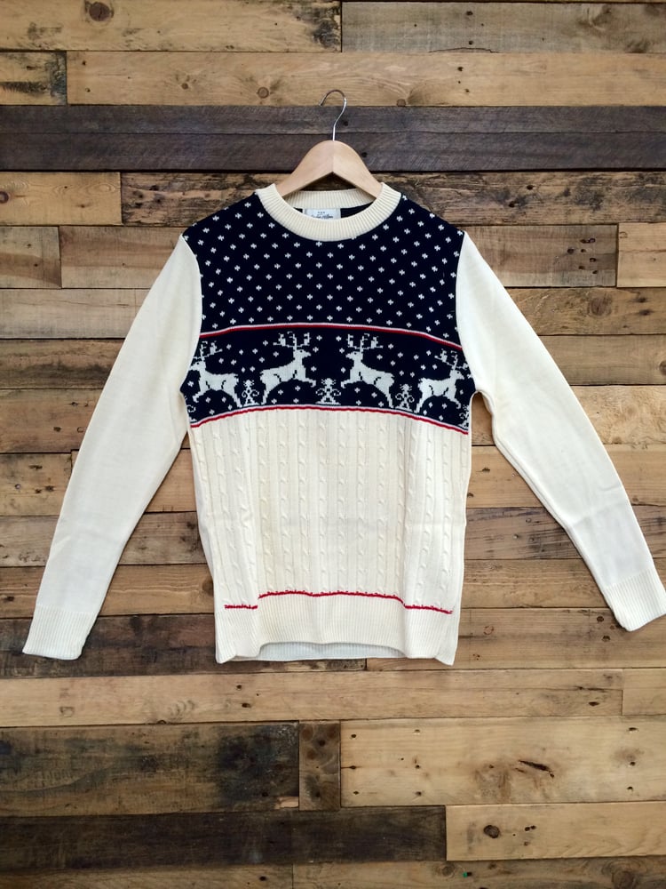 Image of Unisex Cream Cable Knit Adult Stags Christmas Jumper 