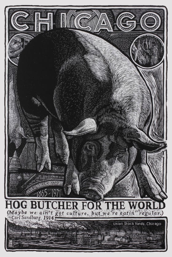 Image of "Hog Butcher to the World" woodcut by S.V. Medaris