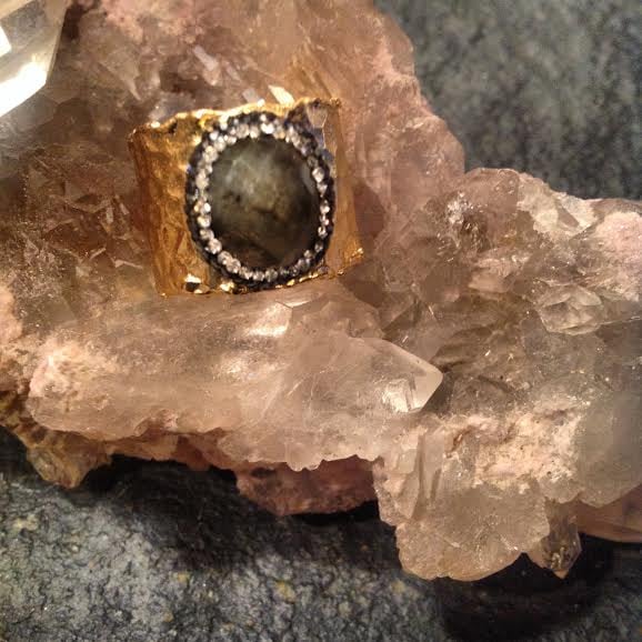 Image of Hematite Encrusted Labradorite in a Hammered Gold Plated adjustable setting