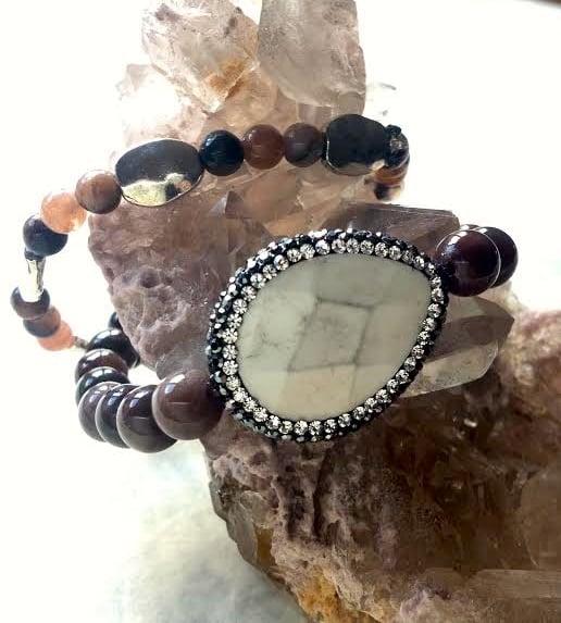 Image of Hematite Encrusted Sacred White Buffalo Turquoise, Fossilized Wood, Bone, Chocolate Moonstone