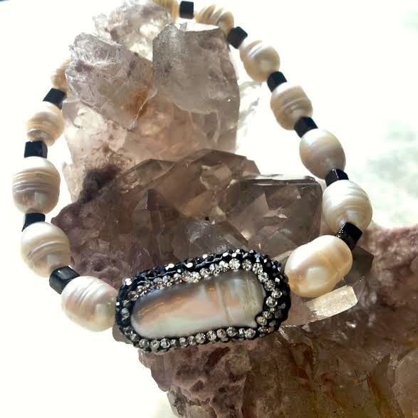 Image of Water Goddess <3  Hematite Encrusted Pearl with Brass and Fresh Water Pearl Beads