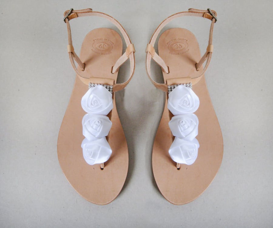 Image of Handmade Sandals, decorated with White ribbon roses and rhinestones.