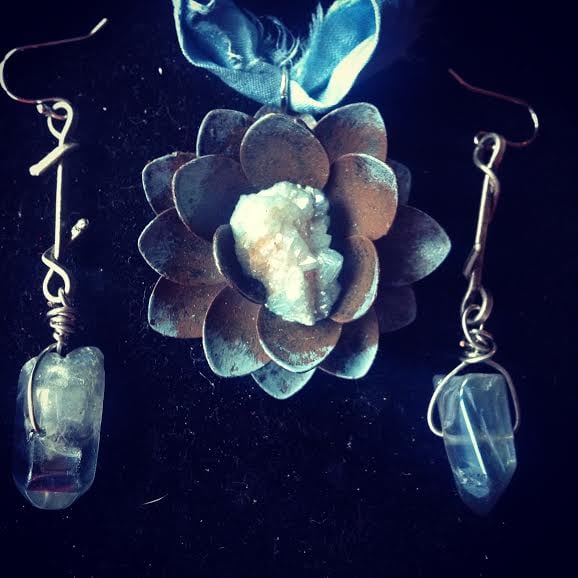 Image of Flower of Ascension Aqua Aura Quartz~ hand dyed silk chord with Matte Silver Earrings