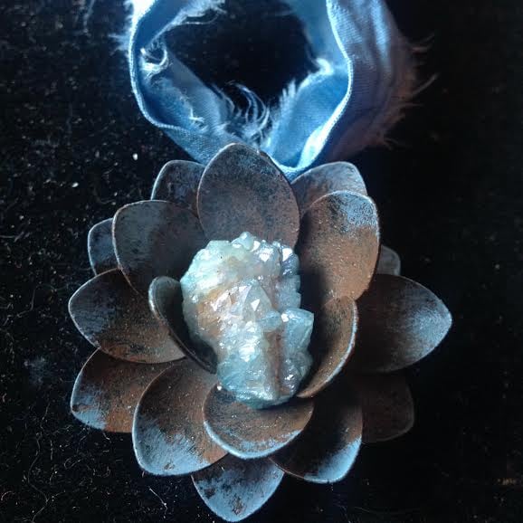 Image of Flower of Ascension Aqua Aura Quartz~ hand dyed silk chord with Matte Silver Earrings