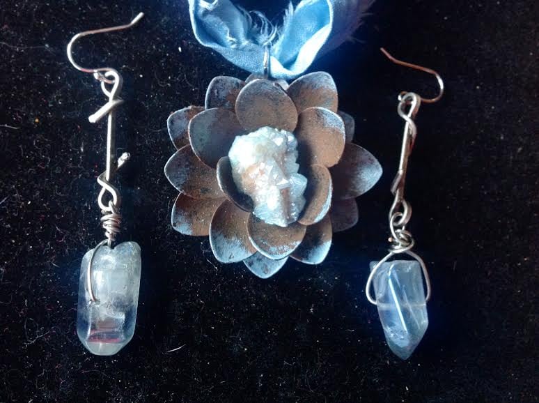 Image of Flower of Ascension Aqua Aura Quartz~ hand dyed silk chord with Matte Silver Earrings
