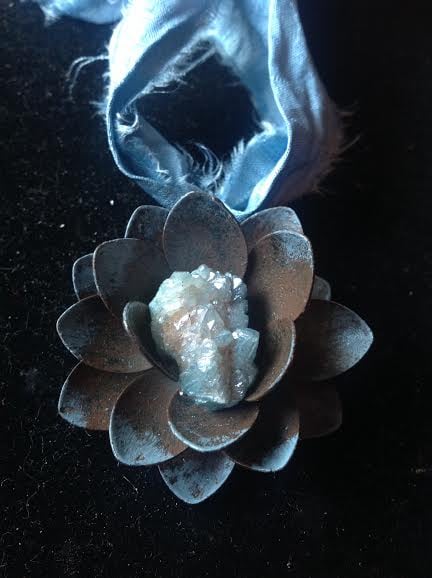 Image of Flower of Ascension Aqua Aura Quartz~ hand dyed silk chord with Matte Silver Earrings