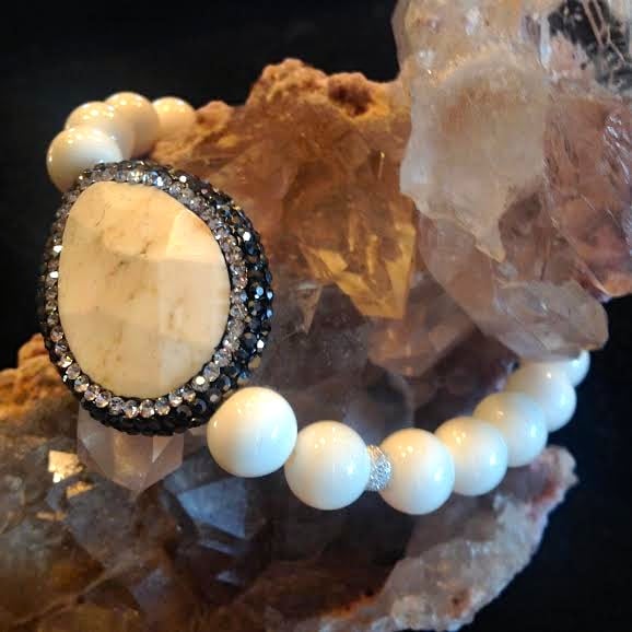 Image of Hematite Sacred White Buffalo Turquoise with Bone and Diamond Pave