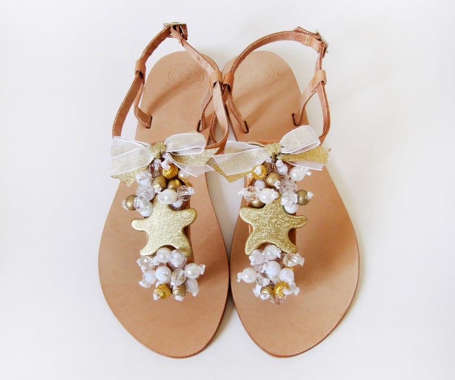 Image of Bridal shoes - Handmade Leather Sandals with Gold Starfish, cream, clear and gold beads