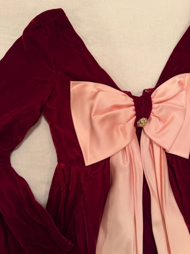 late 1960s jeweltone ruby velvet and satin trumpet sleeve mini dress with huge bow