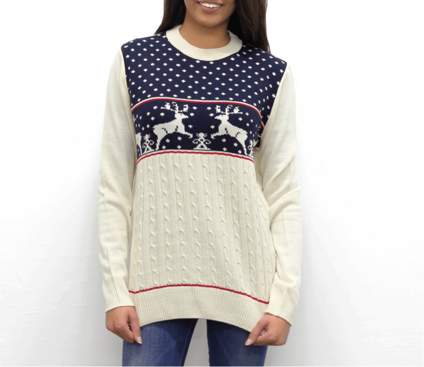 Image of Unisex Cream Cable Knit Adult Stags Christmas Jumper 
