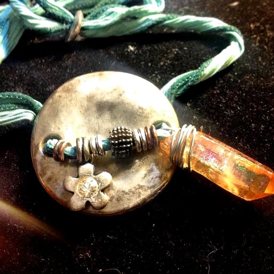 Image of  Hand Dyed Silk, AB Tangerine Quartz, Star of David Coin, Agate, Aura Angel, Smoky Quartz