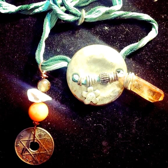 Image of  Hand Dyed Silk, AB Tangerine Quartz, Star of David Coin, Agate, Aura Angel, Smoky Quartz 