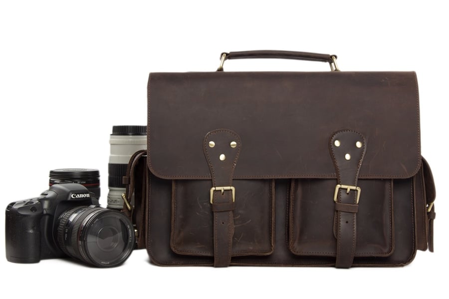 Image of Vintage Genuine Leather DSLR Camera Bag Leather Briefcase SLR Camera Bag 7145