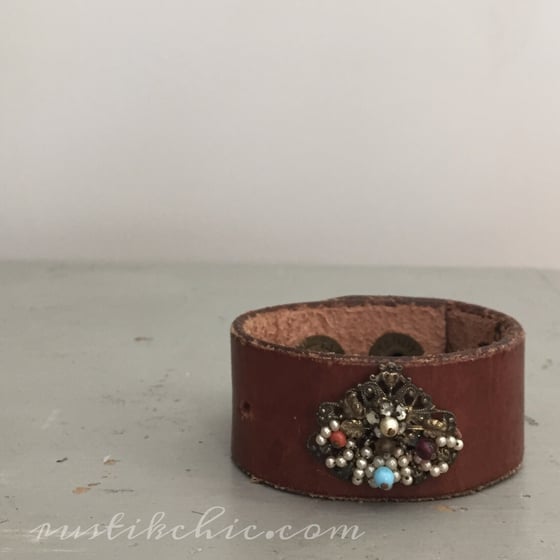 Image of Beaded Antique Brooch Vintage Leather Cuff