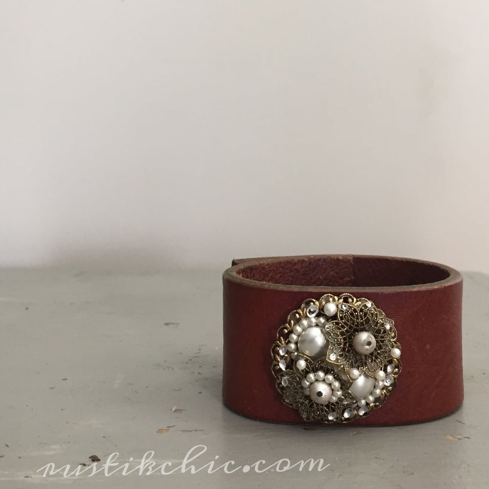 Image of Antique Beaded Earring Vintage leather Cuff