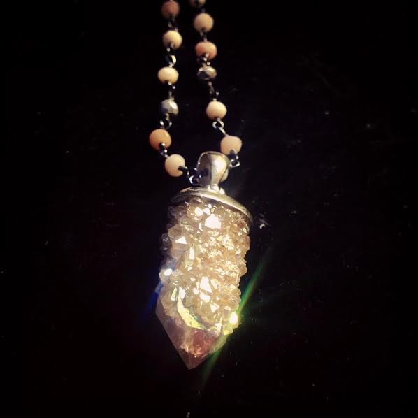 Image of Angel Aura Fairy Quartz on Sterling Silver and Chain of Pink Opal and Silver Pyrite