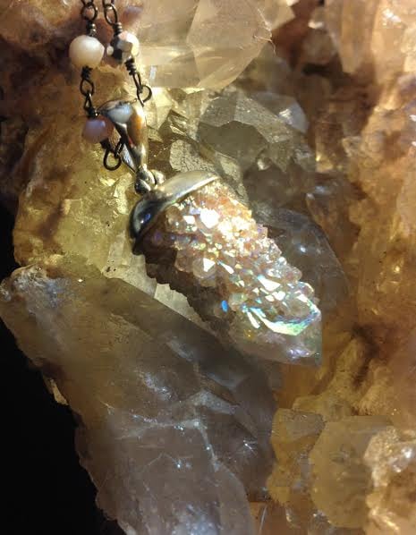 Image of Angel Aura Fairy Quartz on Sterling Silver and Chain of Pink Opal and Silver Pyrite