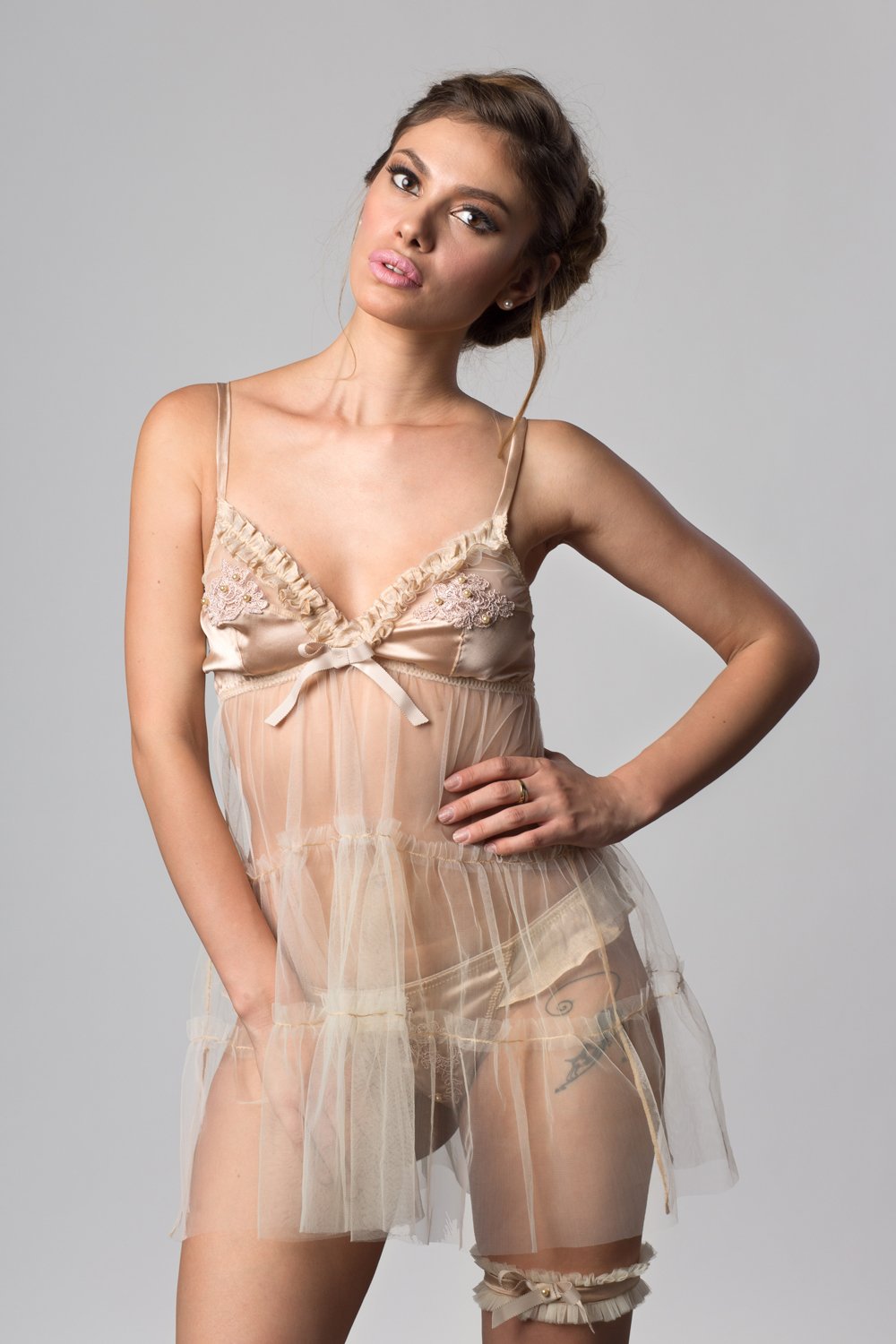 Image of INESS Nude Silk & Tulle ruffled babydoll