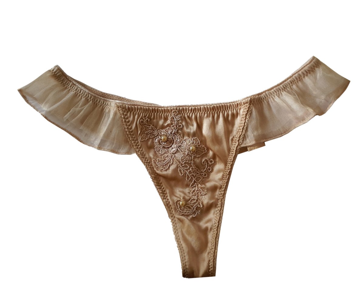 Image of INESS Nude Silk & Guipure Ruffled Thong