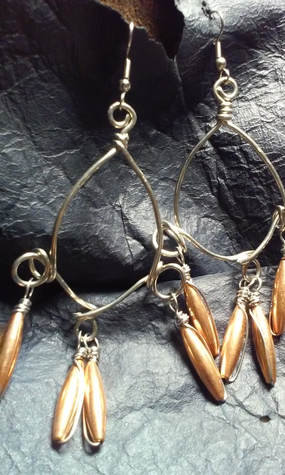 Image of Copper Beaded Silver Hoop Earrings, Statement Earrings