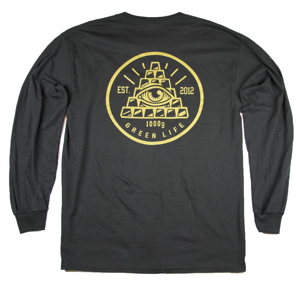 Image of The Pyramid Long Sleeve Tee in Black (Metallic Gold Ink)