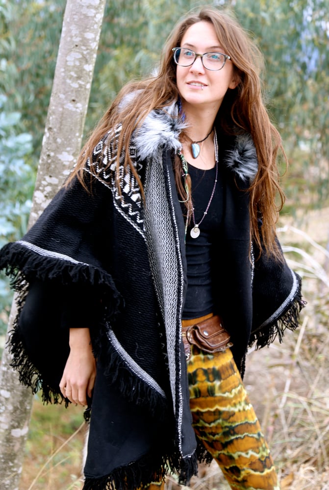 Image of Woven Wool Poncho with Fur Fringe