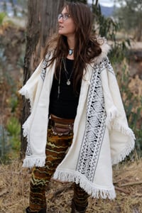 Image 3 of Woven Wool Poncho with Fur Fringe