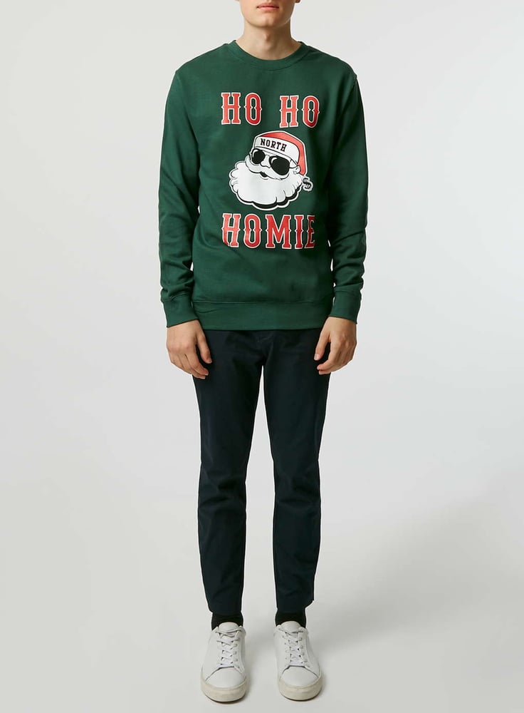 Image of UNISEX BOTTLE GREEN 'HO HO HOMIE' PRINTED CHRISTMAS SWEATSHIRT