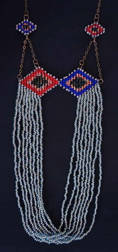 Image of Red and blue alternating diamonds long necklace