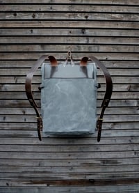 Image 3 of Waxed canvas backpack with roll to close top and leather shoulder straps