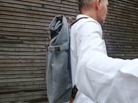Image 5 of Waxed canvas backpack with roll to close top and leather shoulder straps