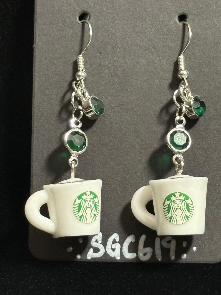 Image of Starbucks coffee Mug handmade dangle Earrings with Green Accents