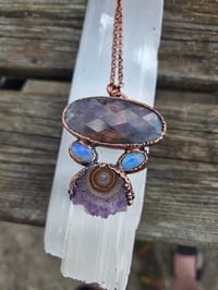 Image 3 of Electroformed Labradorite,  Moonstone and Amethyst Stalactite necklace