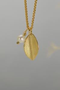 Image 2 of Gold Vermeil Leaf Necklace with linen texture  on 18 Inch Spiga Chain