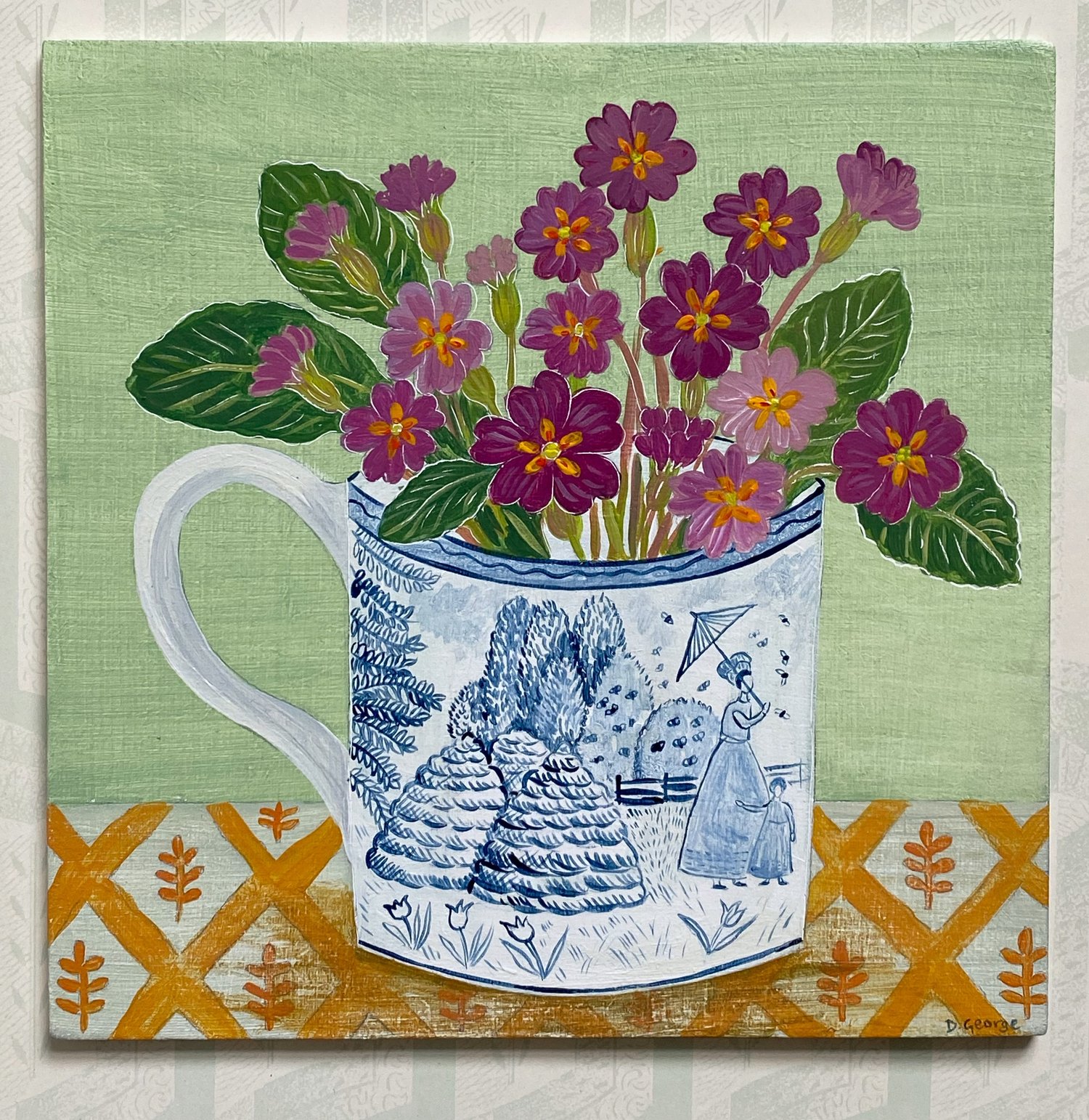 Image of Bee hive cup and Primulas 