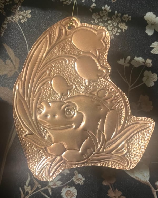 Image of hand tooled copper ornament (frog 2)