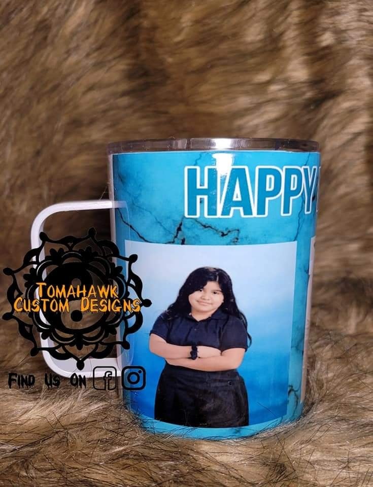 Image of 15 oz stainless steel coffee cup with lid and straw