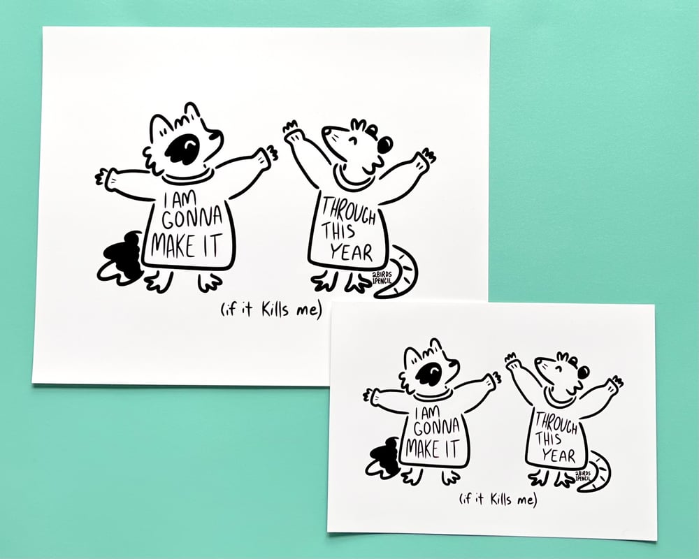 Image of Raccoon & possum in sweaters prints - inspired by lyrics from the Mountain Goats