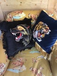 Image 13 of blue or pink  cotton velvet with embroidered tiger patch and gold fringing