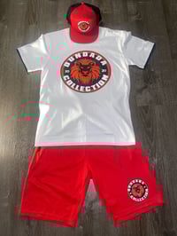 Image 1 of Dundada Collection Retro Style White T-Shirt and Red Short Set w/ SnapBack Hat.