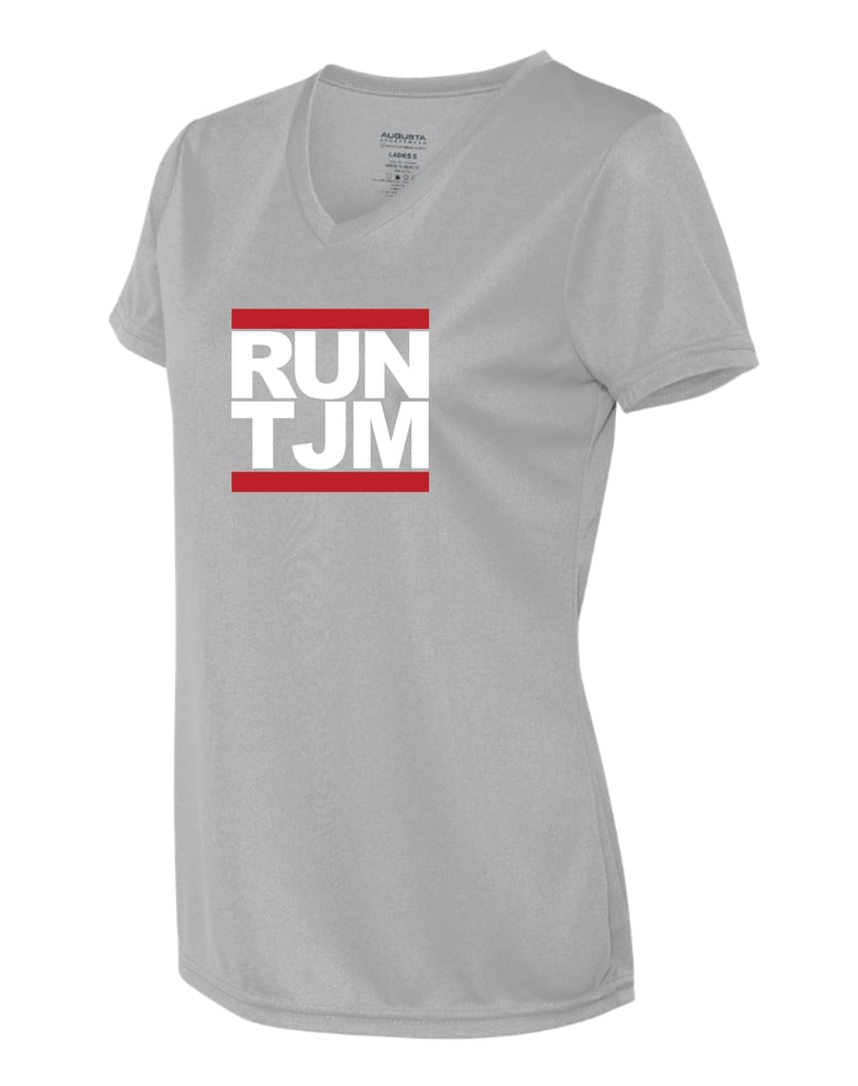 Image of "RUN TJM" Ten Junk Miles Women's V-Neck T-Shirt - Tech or Cotton - Grey